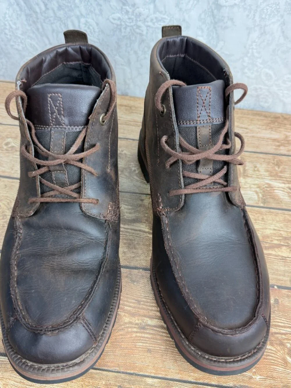 Timberland Men's Size 13 Brown Leather Moc Toe Chukka Boots OrthoLite Rugged